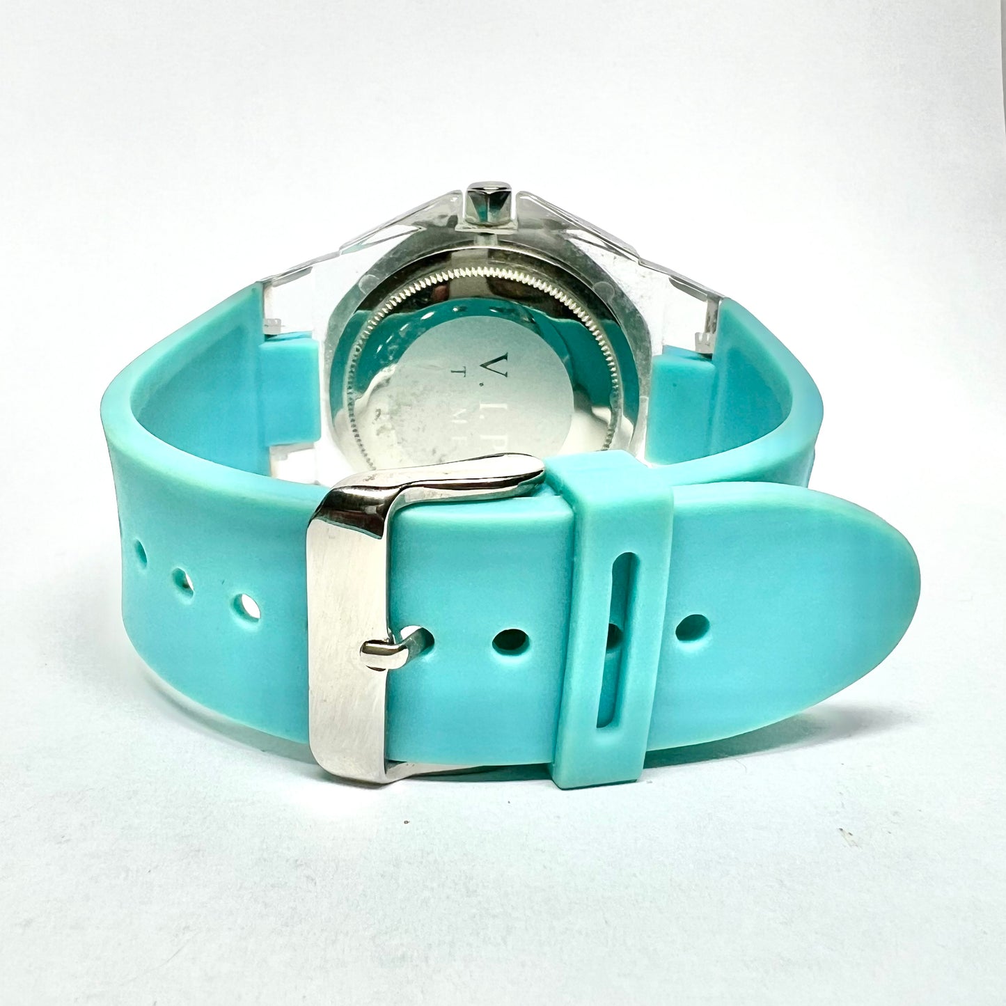 V.I.P. Time Date Quartz 42mm Steel/Plastic Watch, Blue Dial, Blue Rubber Band