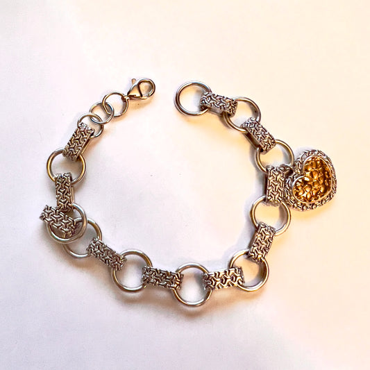 925 Sterling Silver Bracelet with Goldplated Heart 7.5 inches long