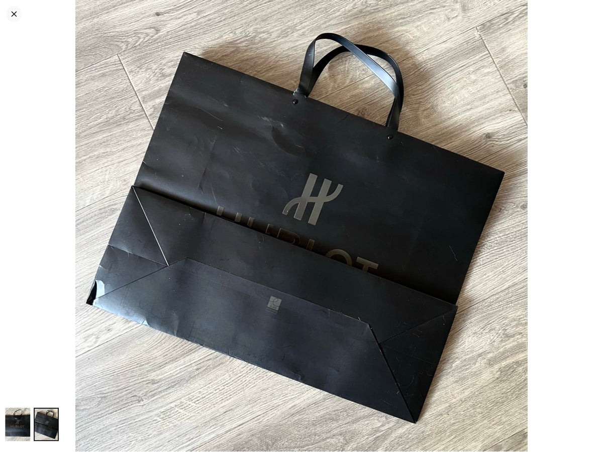 HUBLOT Large Black Paper Shopping Gift Bag 19.25x15x7 inches Rubber Handles