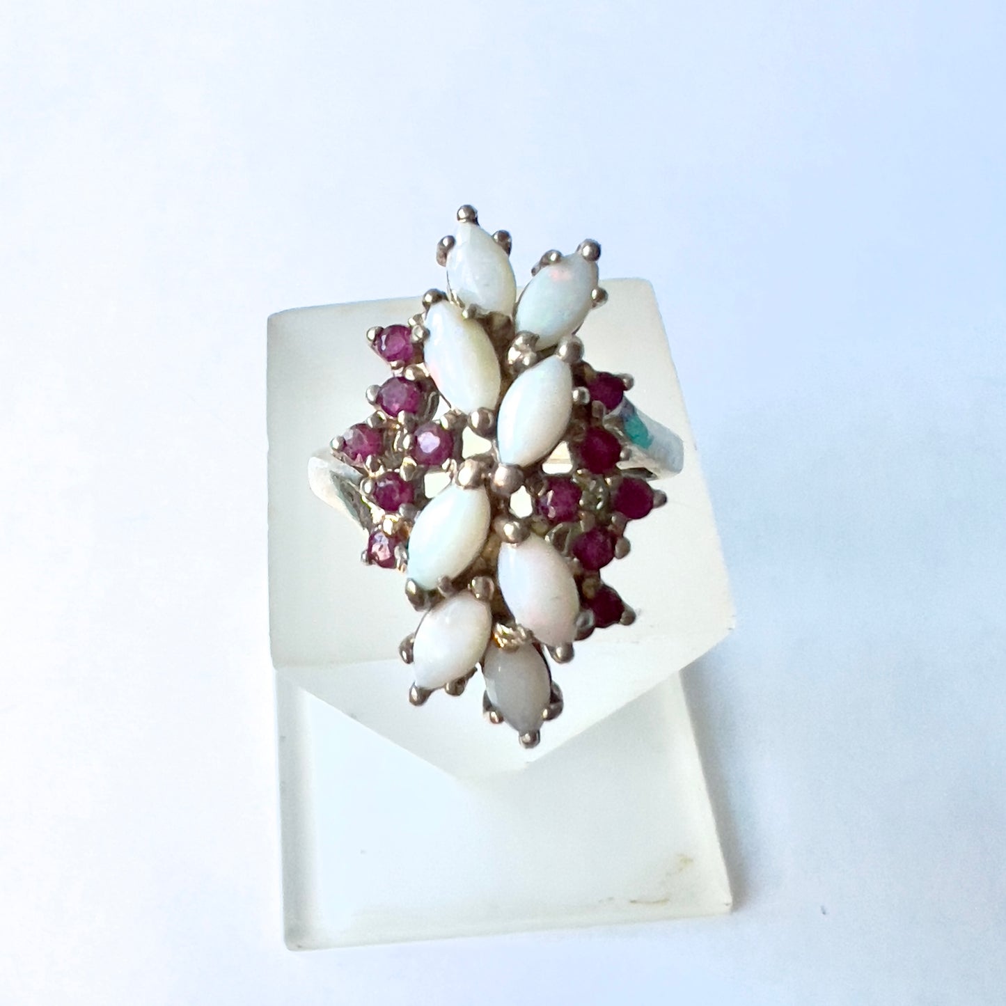 925 Sterling Silver and White Opal Ring with Red Rubies Ring