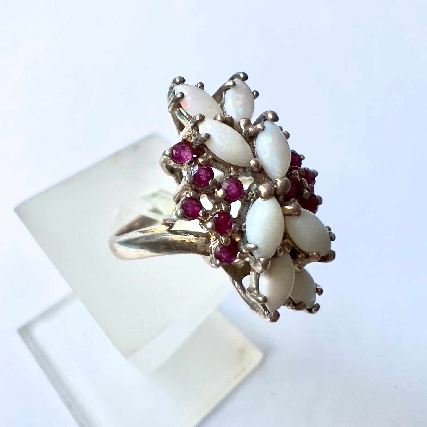 925 Sterling Silver and White Opal Ring with Red Rubies Ring