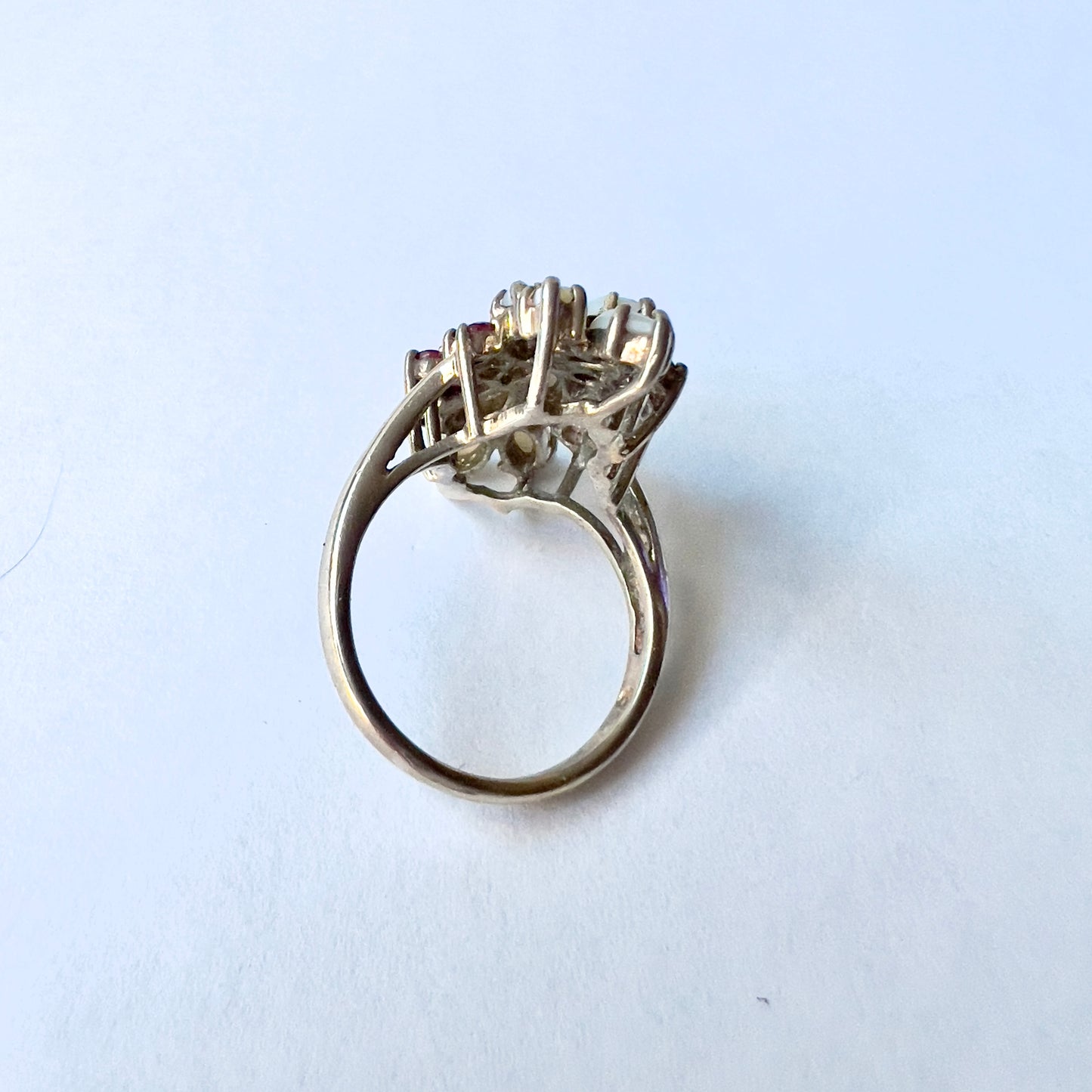 925 Sterling Silver and White Opal Ring with Red Rubies Ring