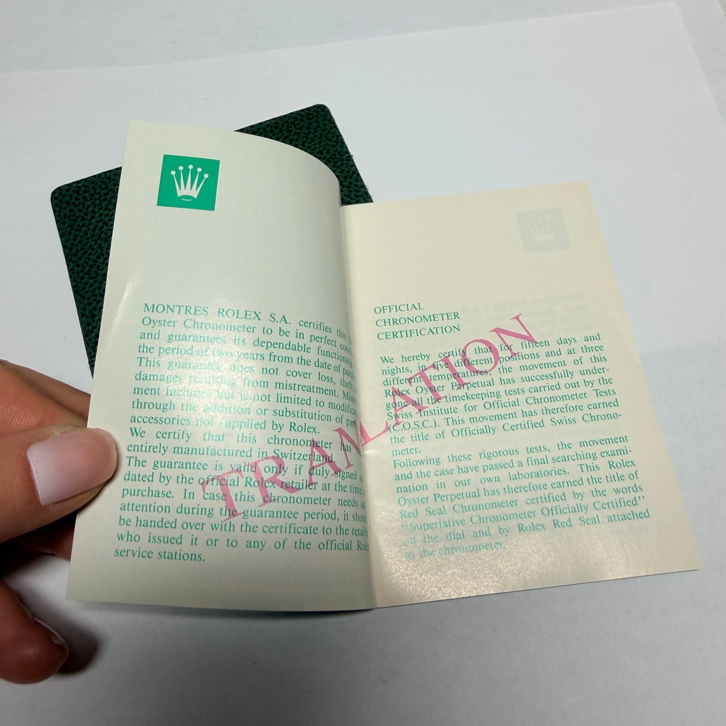 ROLEX Green Genuine Leather Card/Calendar/Booklet Holder w/ Translation Booklet 4.75x3.5 inches