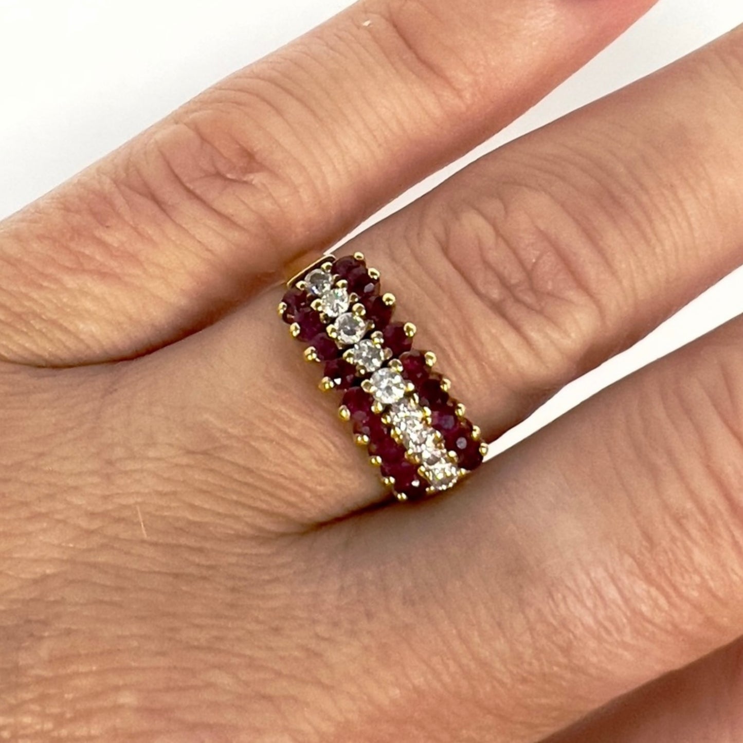 18K Yellow Gold stamped Red Rubies & Diamonds Ring