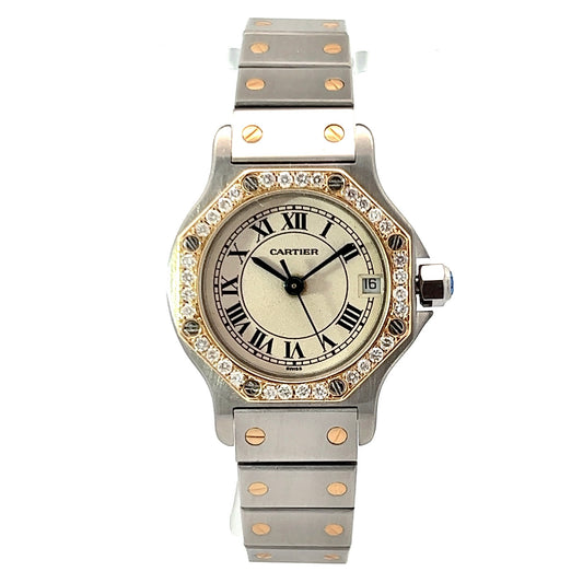 CARTIER SANTOS OCTAGON 25mm Quartz 2 Tone 0.40TCW Diamond Watch