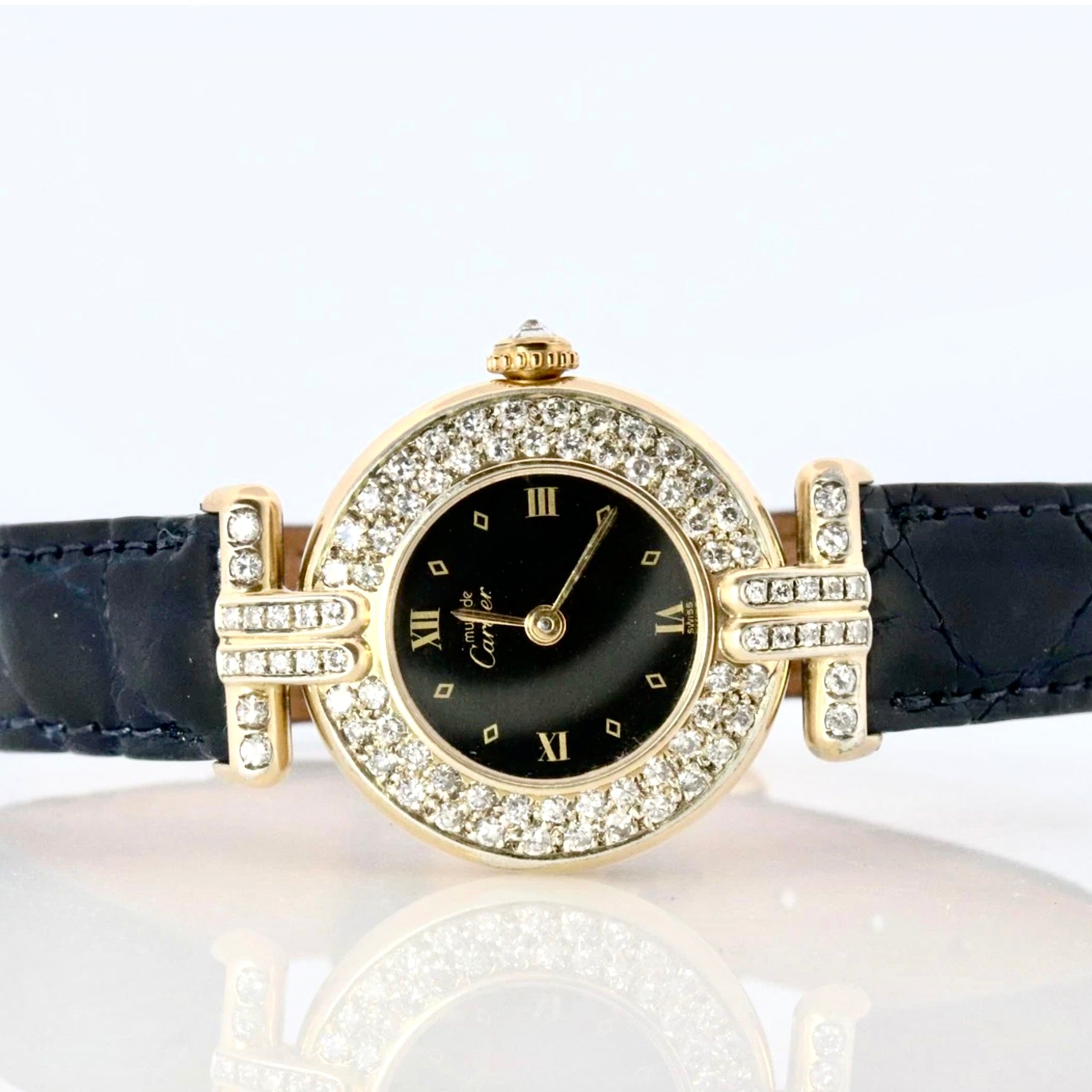 CARTIER VERMEIL COLISEE Quartz 24mm GP Silver 1TCW DIAMOND Black