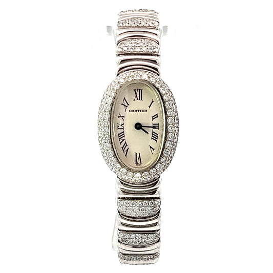 CARTIER BAIGNOIRE Mini 18mm 18K White Gold 3.78TCW Diamond Watch