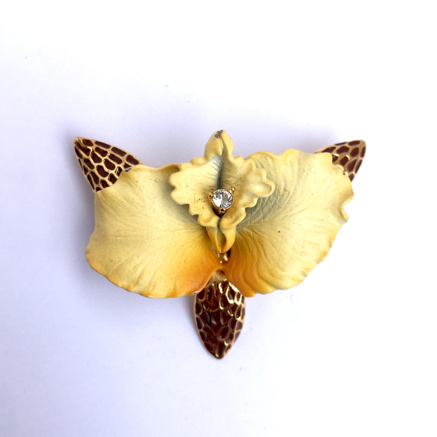JOAN RIVERS Gold Tone Porcelain Orchard Brooch with Rhinestone