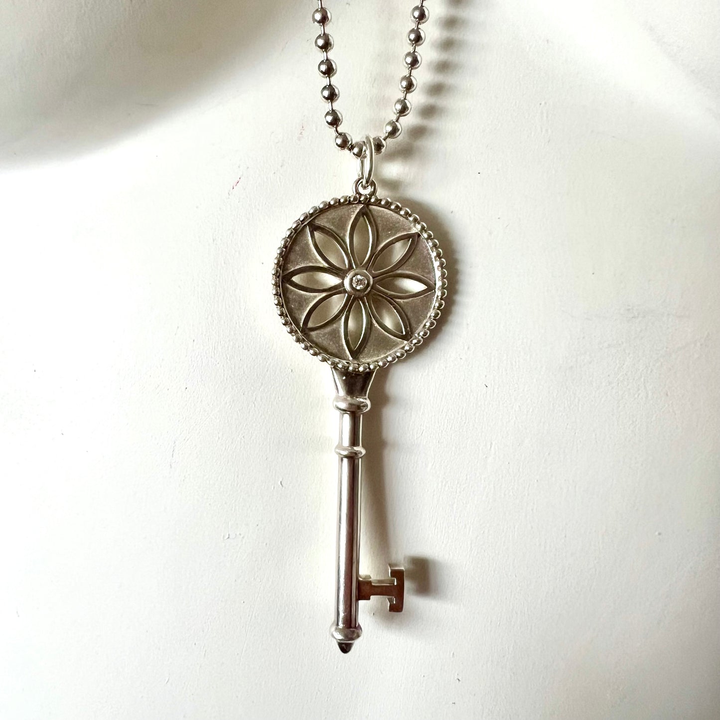 TIFFANY & CO. 925 Sterling Silver Diamond Key Pendant Necklace