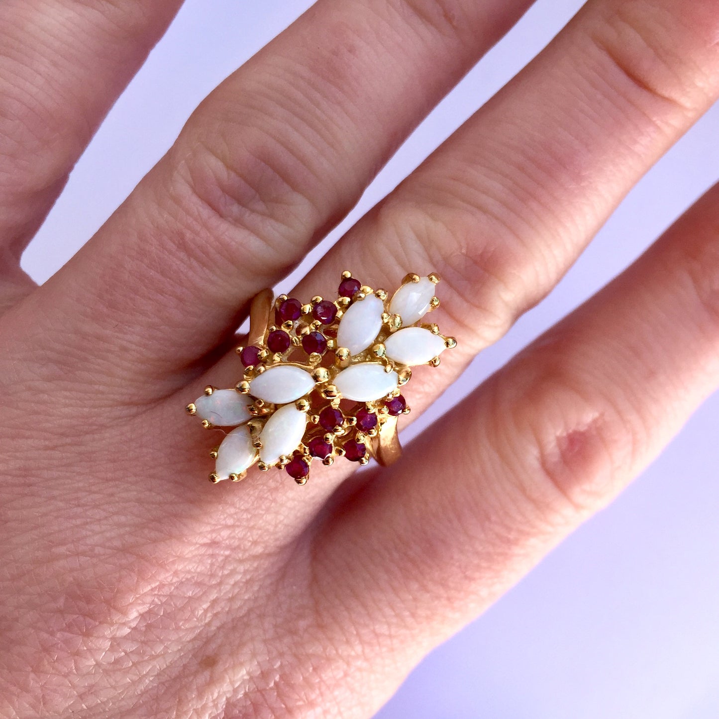 925 Sterling Silver and White Opal Ring with Red Rubies Ring