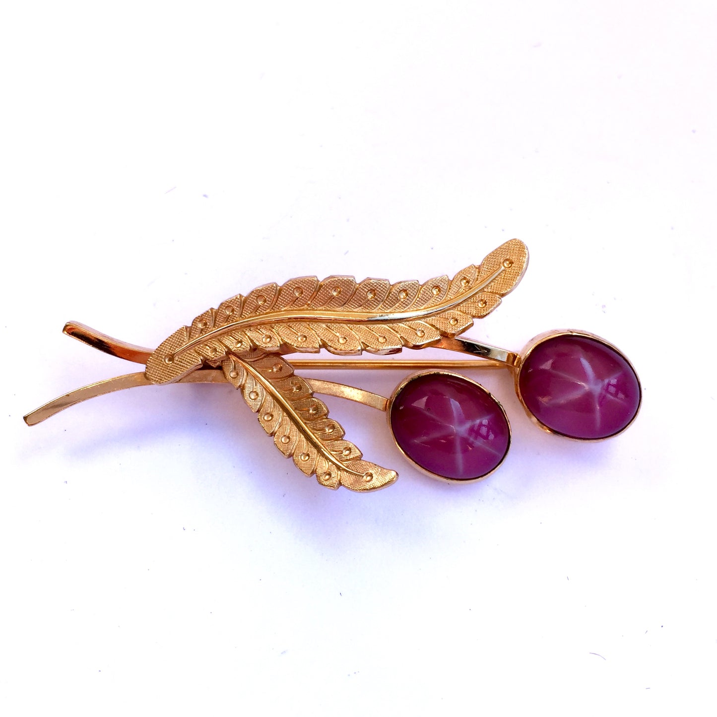 JONDELL 12K Gold Filled Leaf Design Brooch Pin with Pink Gemstones