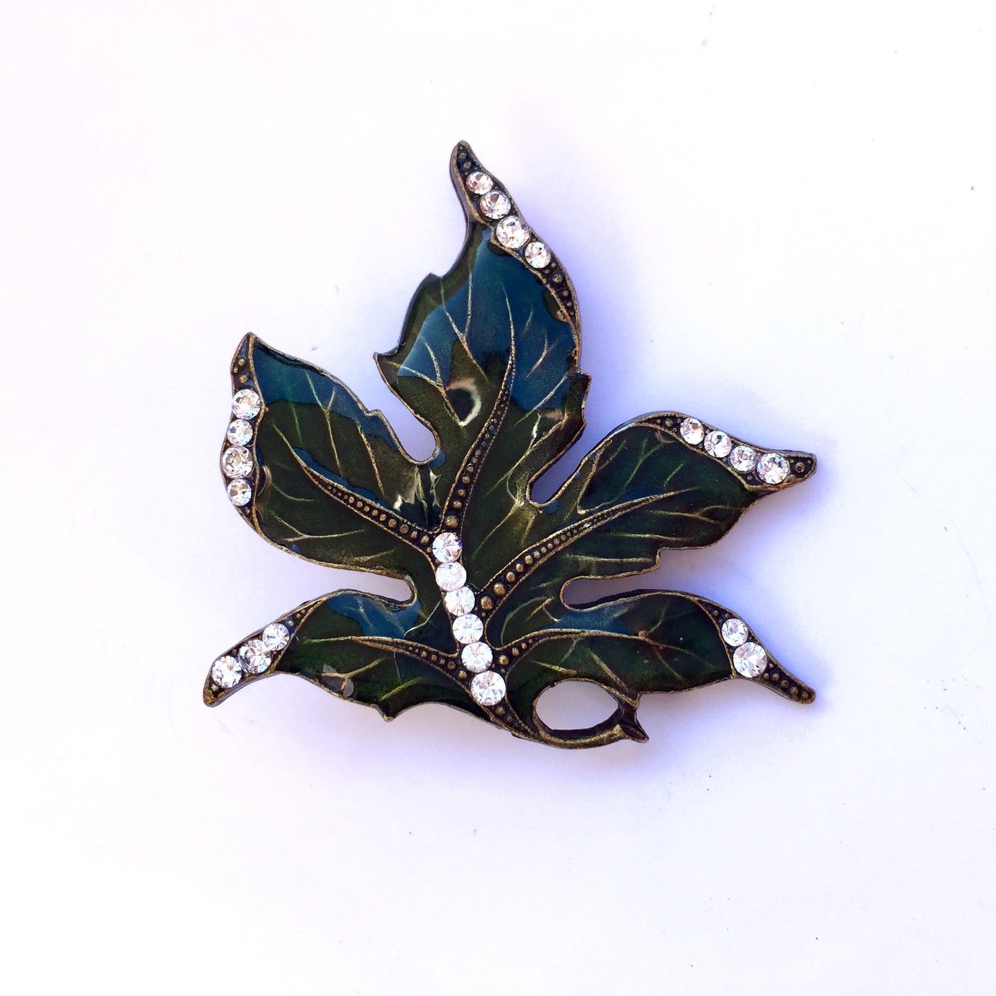 ANNE KOPLIK Green Enamel Leaf Brooch with White Rhinestones