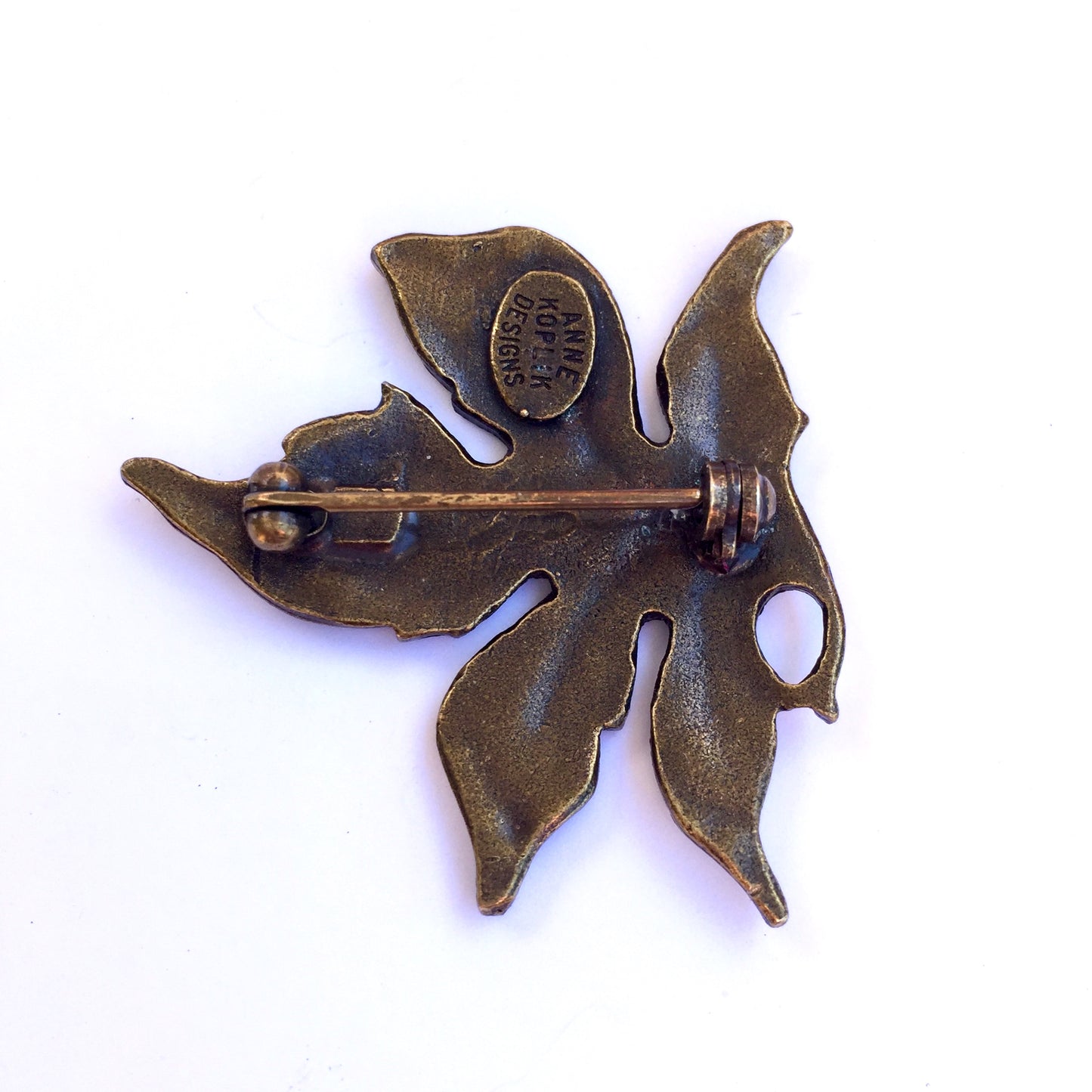 ANNE KOPLIK Green Enamel Leaf Brooch with White Rhinestones