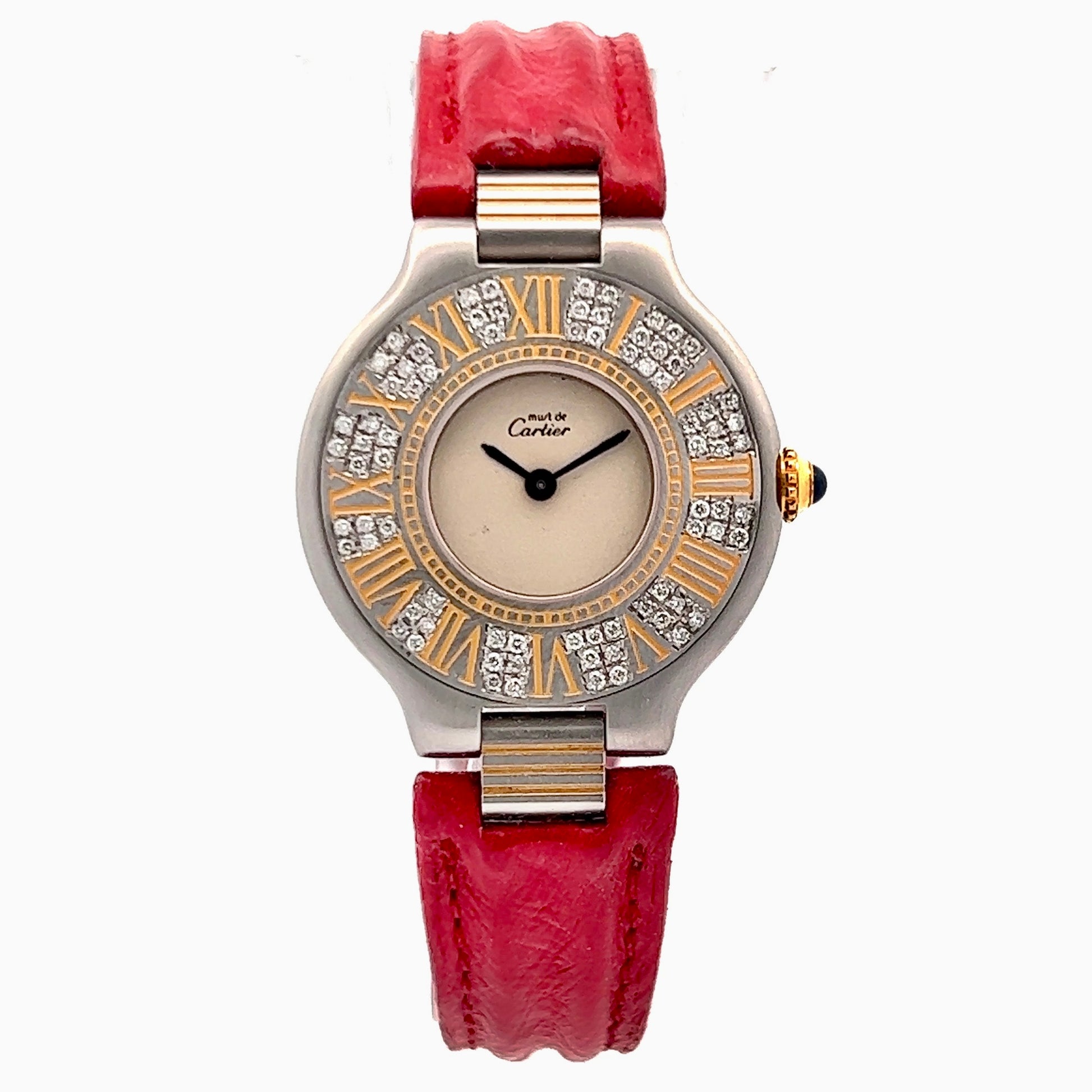 CARTIER MUST 21 Quartz 28mm 2 Tone 0.41TCW Diamond Watch Red Belt