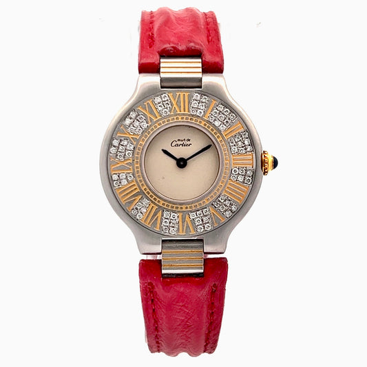 CARTIER MUST 21 Quartz 28mm 2 Tone 0.41TCW Diamond Watch Red Belt