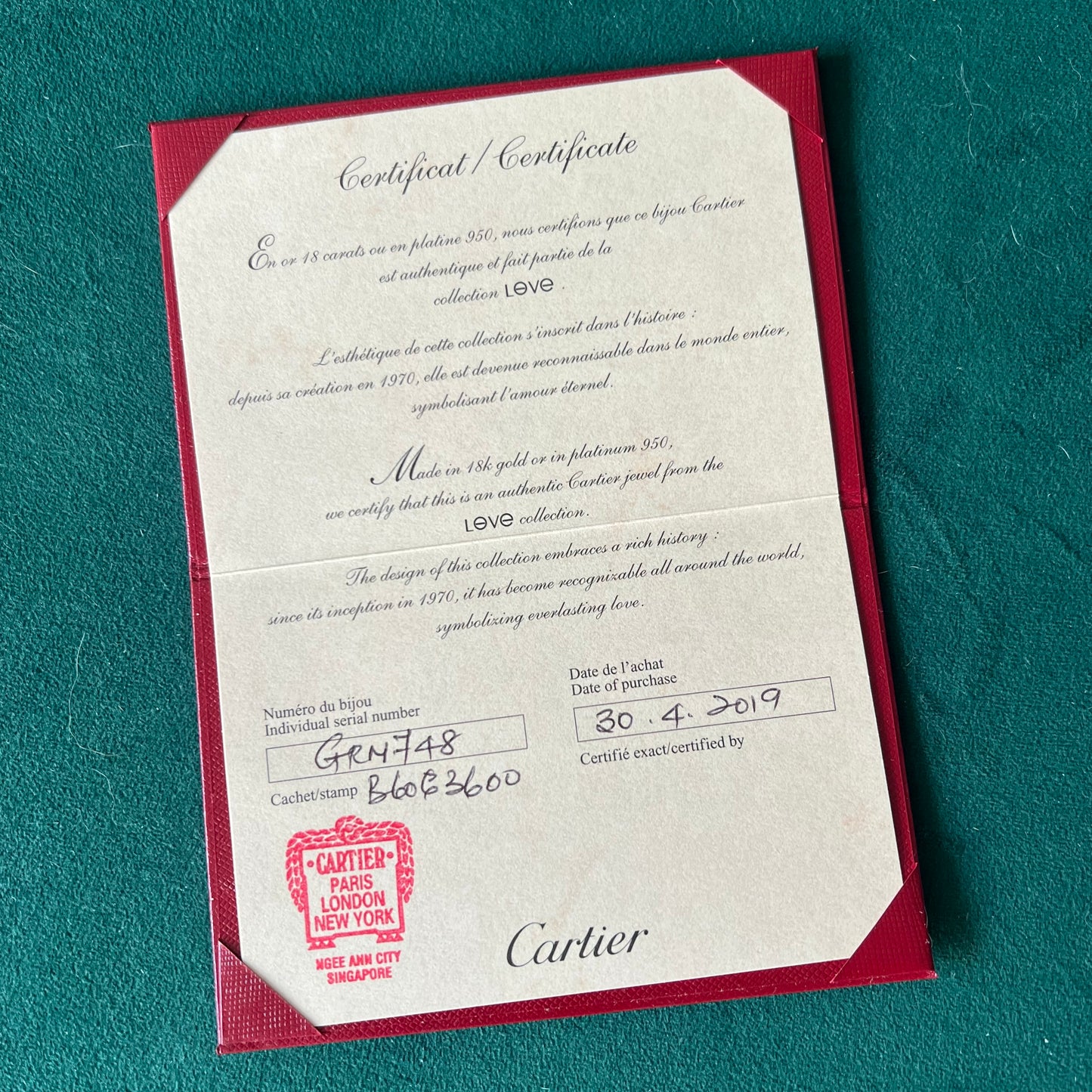 CARTIER Jewelry Filled Certificate in Folder 5x3.25 inches