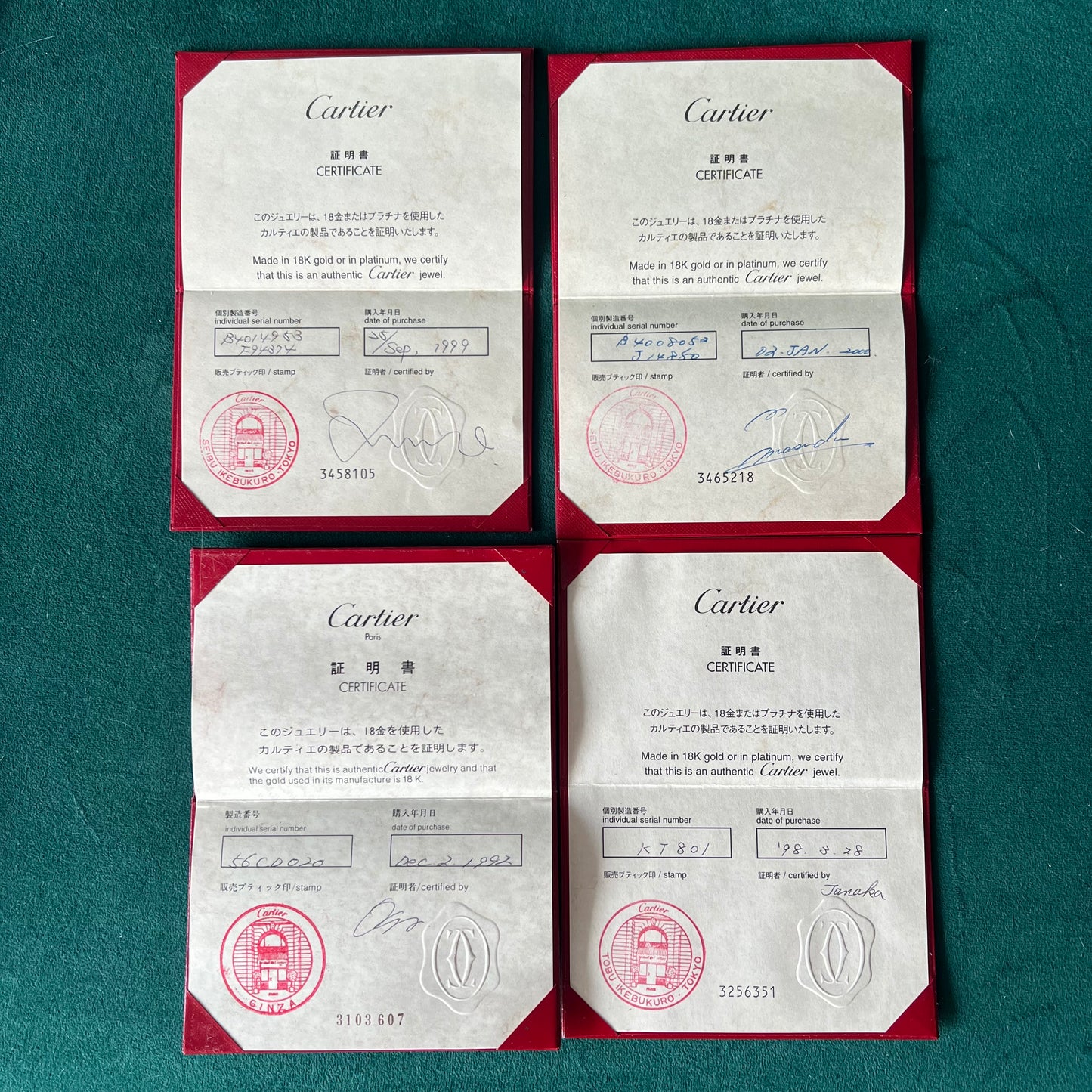CARTIER Jewelry Filled Certificate in Folder 5x3.25 inches