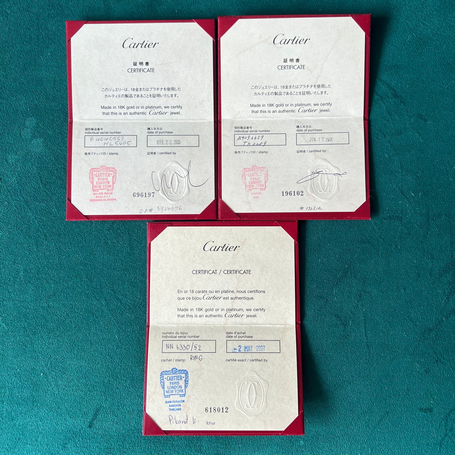 CARTIER Jewelry Filled Certificate in Folder 5x3.25 inches