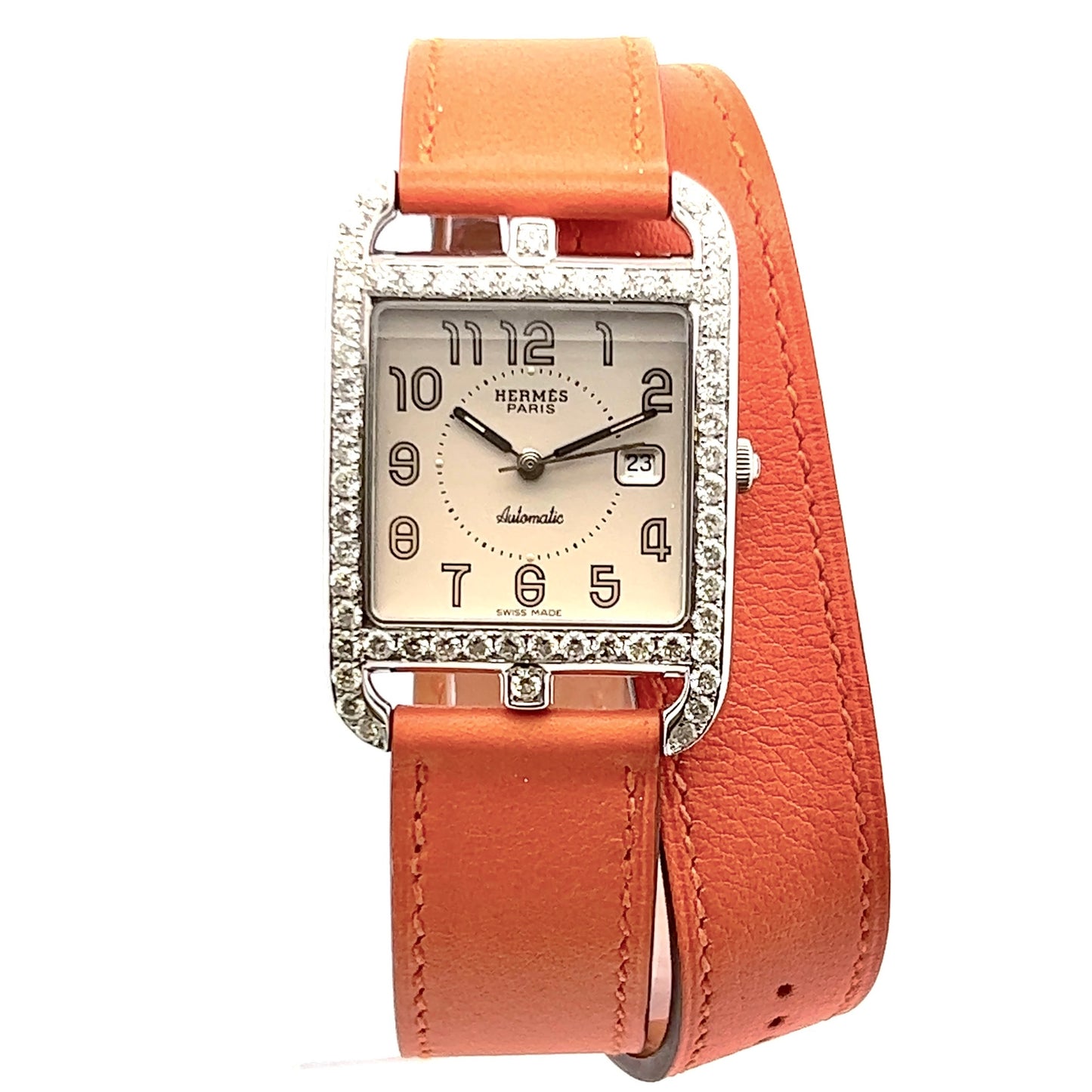 HERMES CAPE COD Automatic 29mm Steel 2.10TCW DIAMONDS Watch Hermès Double Tour Band