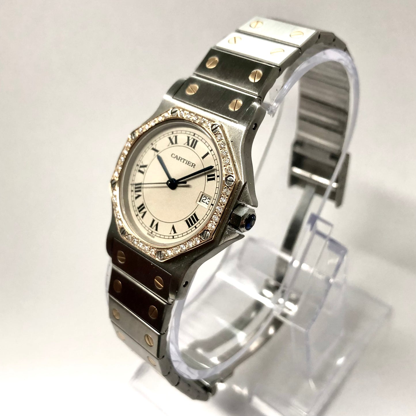 CARTIER SANTOS OCTAGON 31mm Quartz 2 Tone 0.38TCW Diamond Watch 