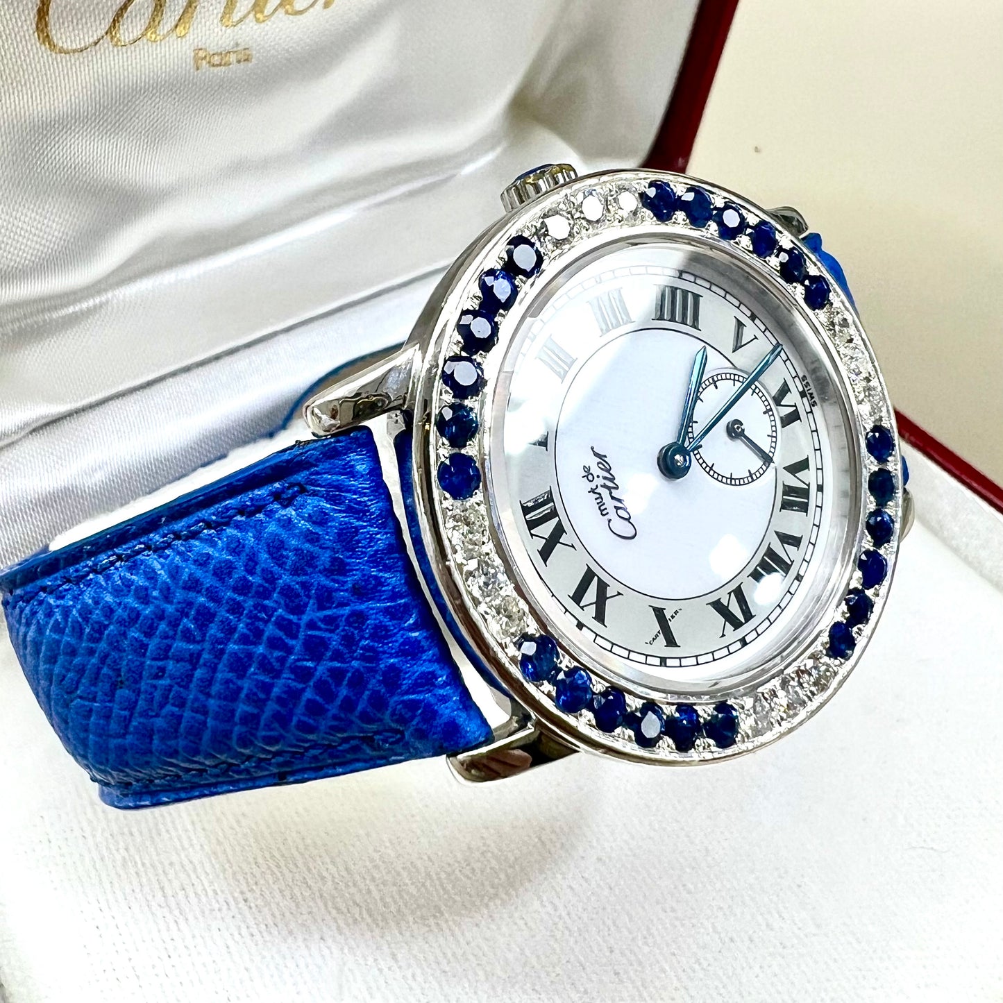 CARTIER RONDE 32mm Quartz Silver 0.52TCW DIAMONDS & 2.52TCW Blue SAPPHIRES Watch