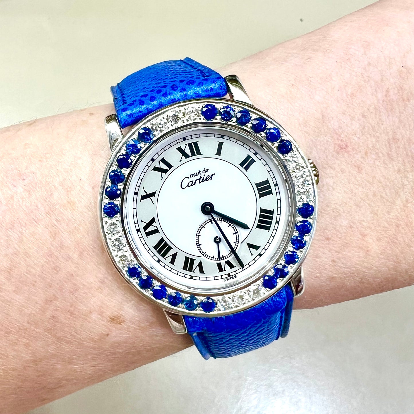 CARTIER RONDE 32mm Quartz Silver 0.52TCW DIAMONDS & 2.52TCW Blue SAPPHIRES Watch