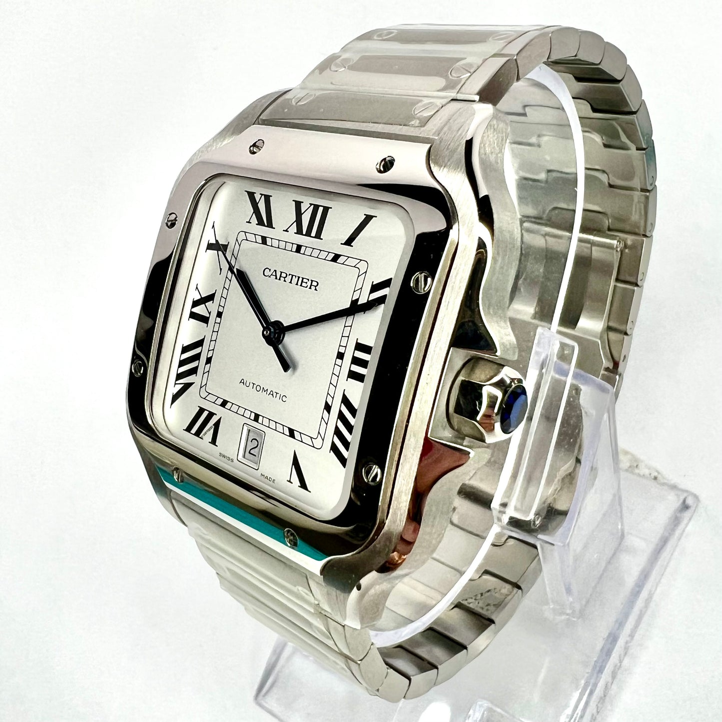 NEW SANTOS DE CARTIER Automatic 39.8mm Steel Watch White Dial