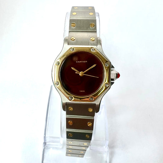 CARTIER SANTOS OCTAGON 25mm Automatic 2 Tone Burgundy Dial Watch