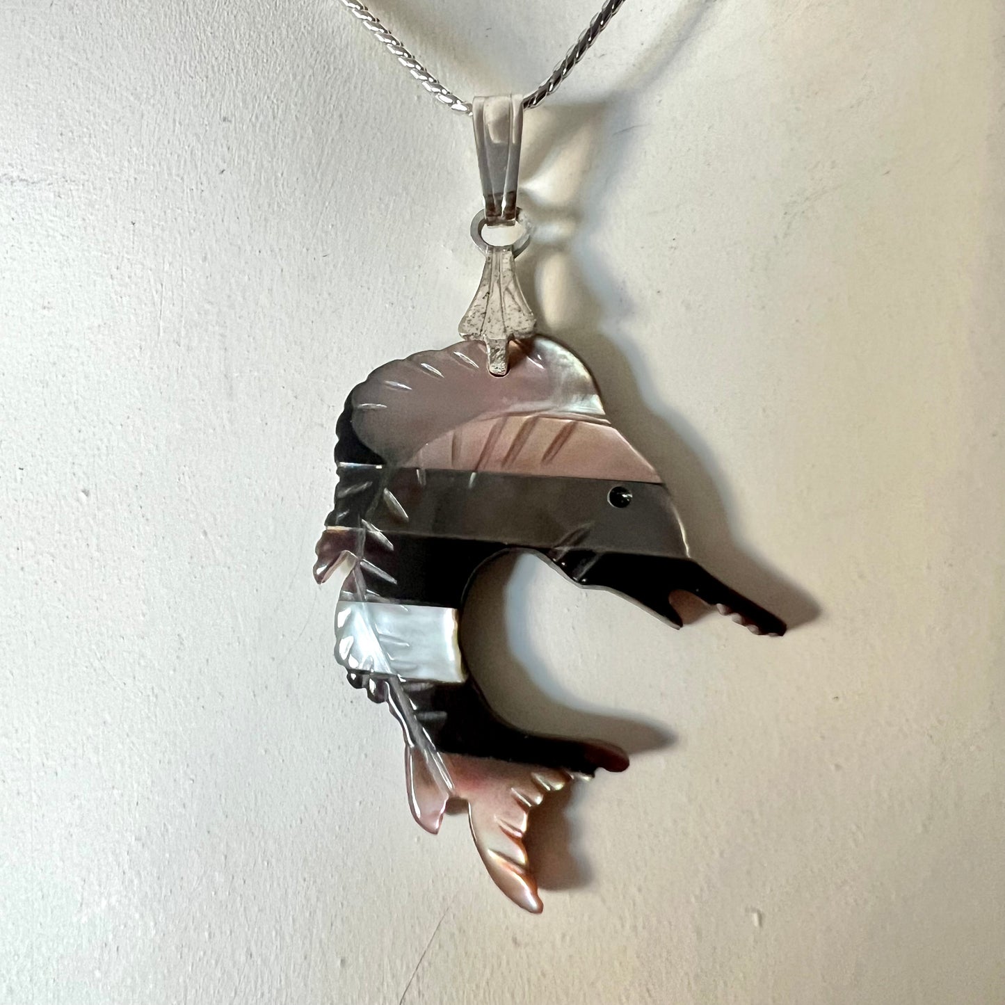 Nickel Silver Necklace with Multi Color Mother of Pearl Dolphin Pendant