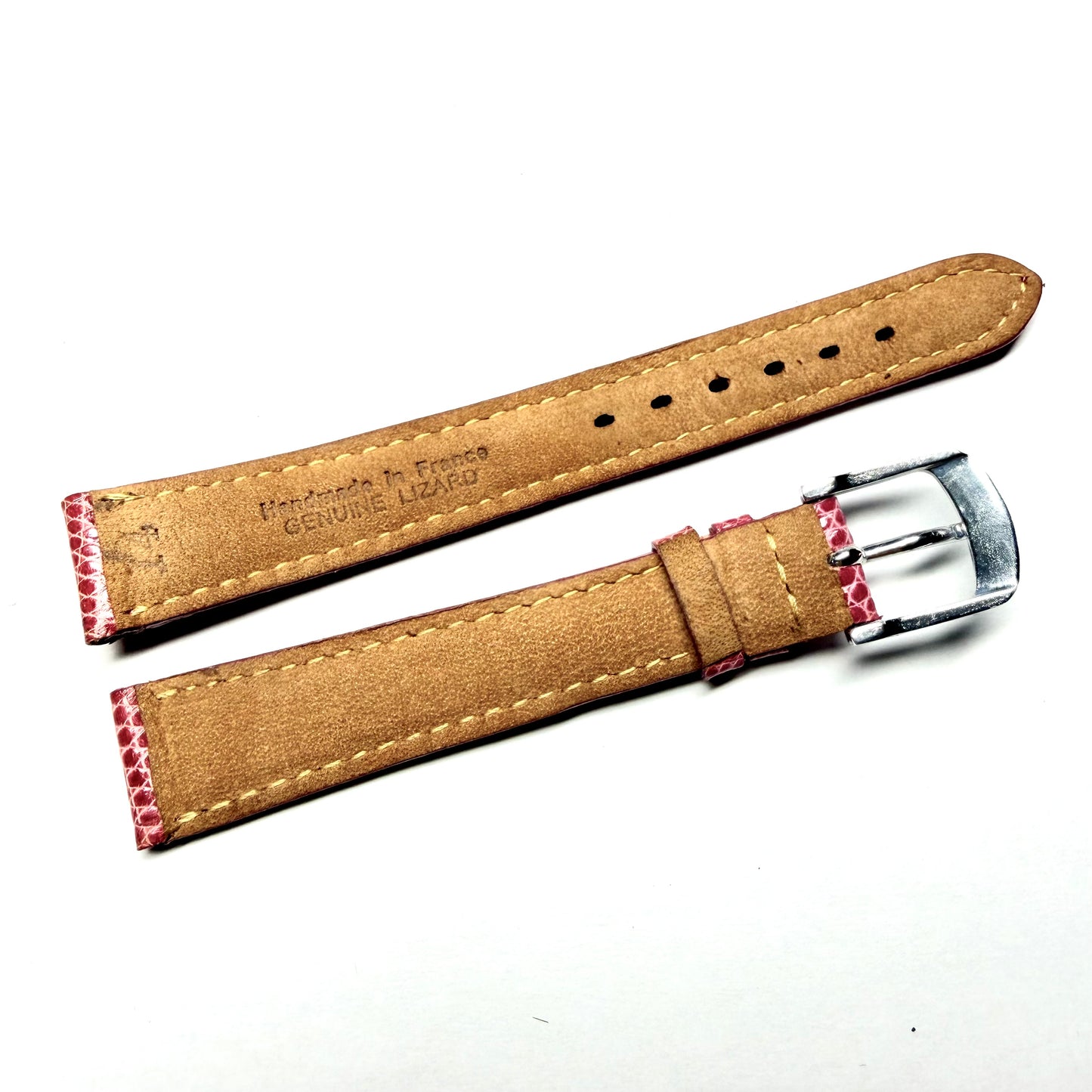 14/12mm Genuine Lizard Dark Pink Leather Lizard Strap Band w/ Silver Tone Buckle Handmade in France