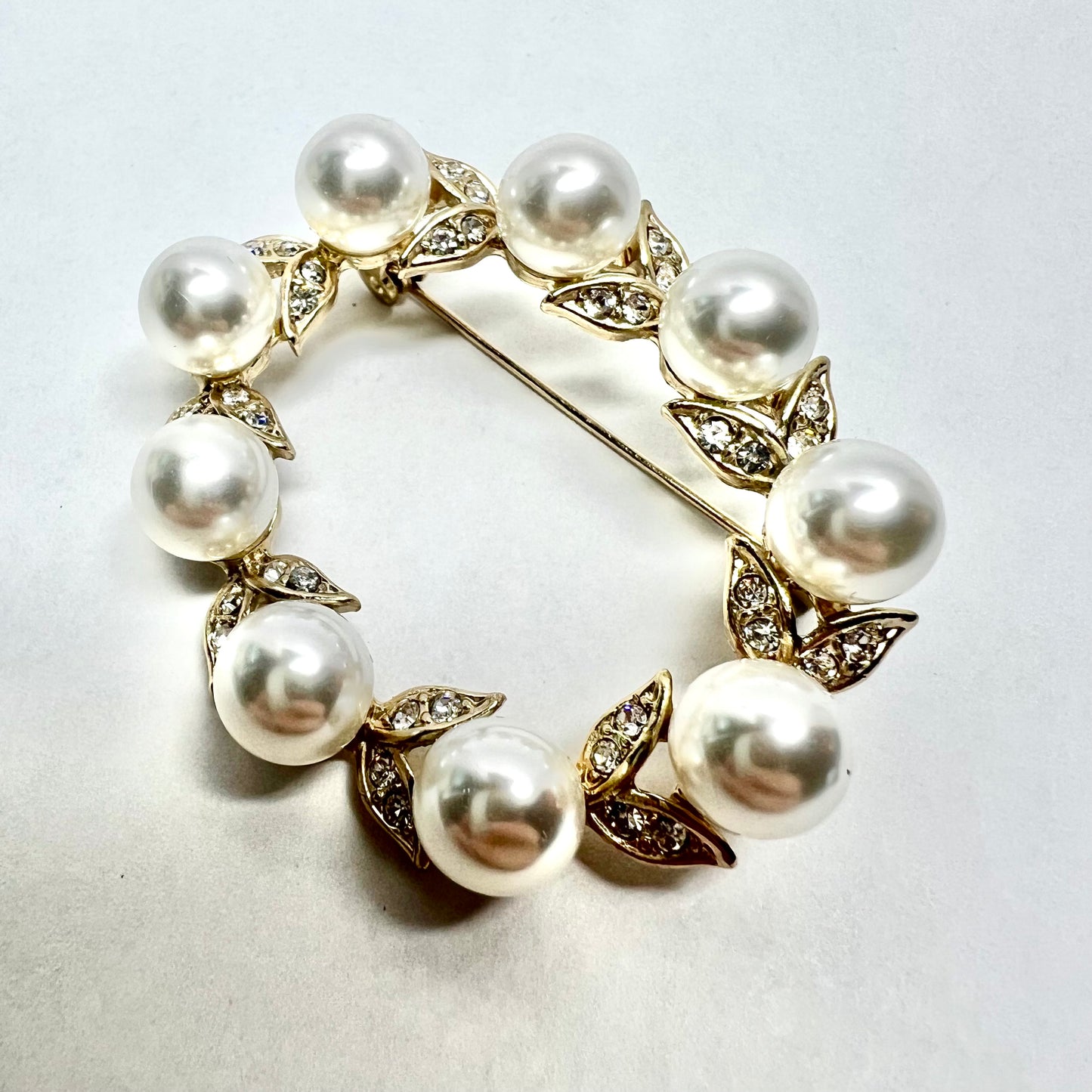 Natural White Pearls & White Crystals Gold Tone Brooch