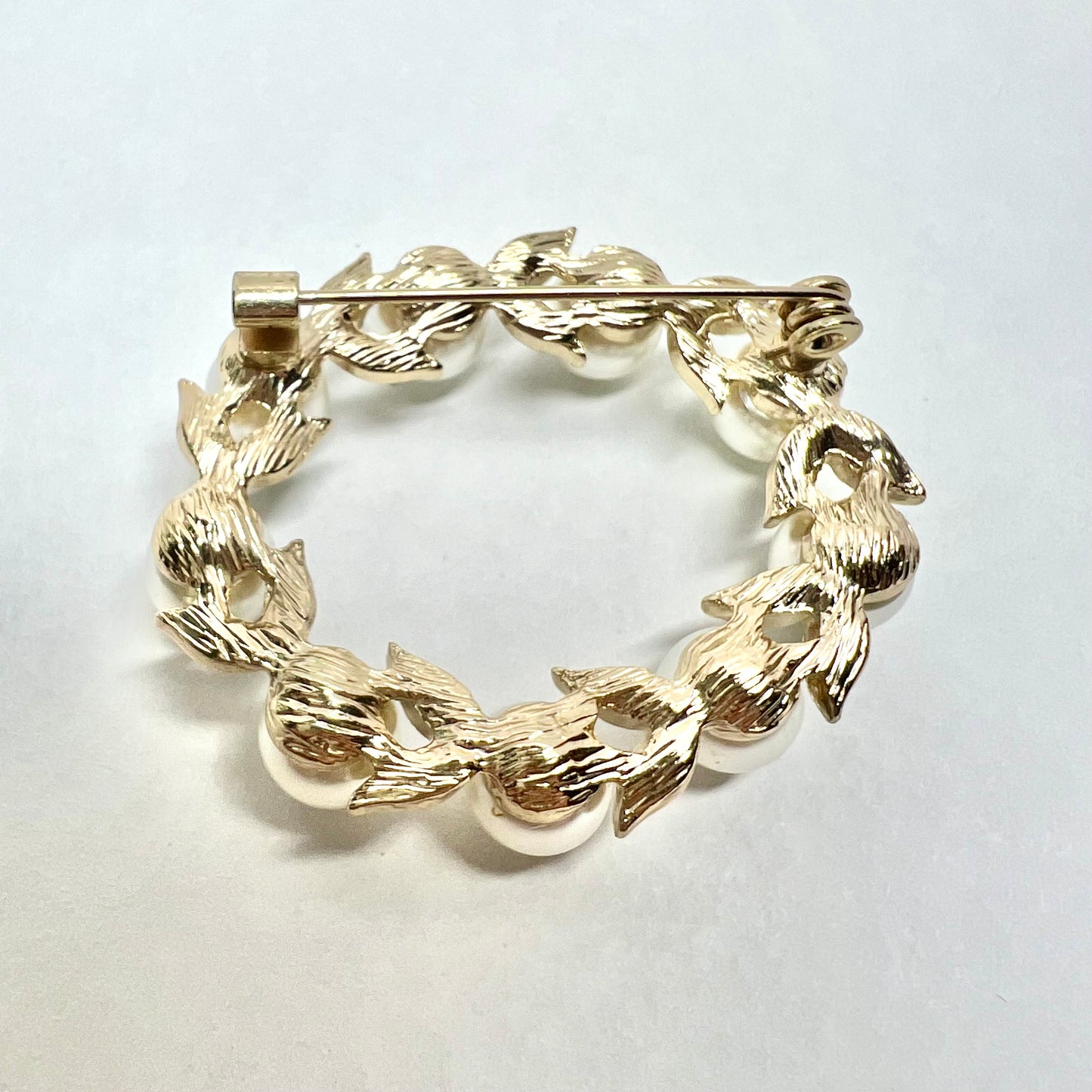 Natural White Pearls & White Crystals Gold Tone Brooch