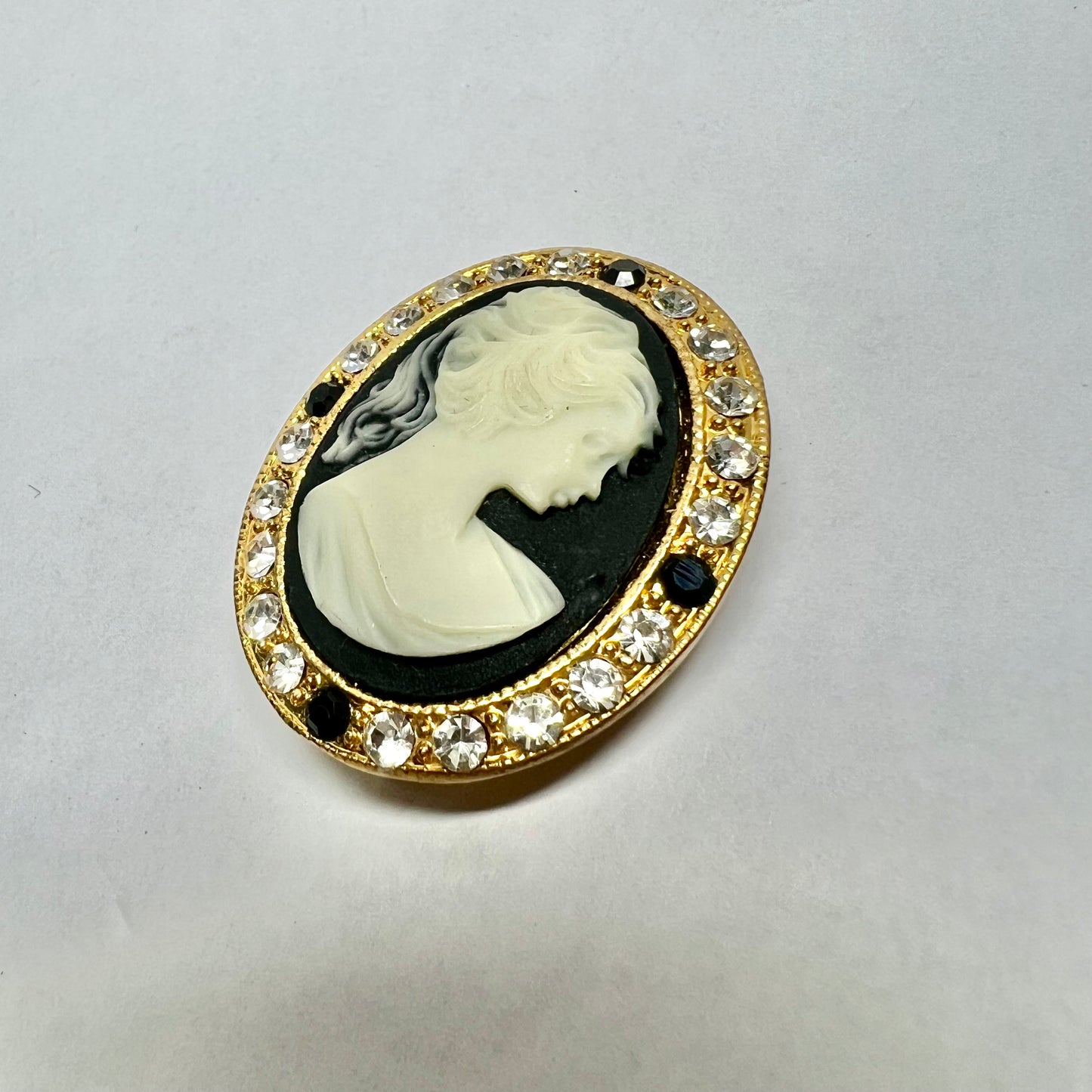 Elegant Gold Tone and Black Cameo Brooch/Pendant w/ White & Black Crystals