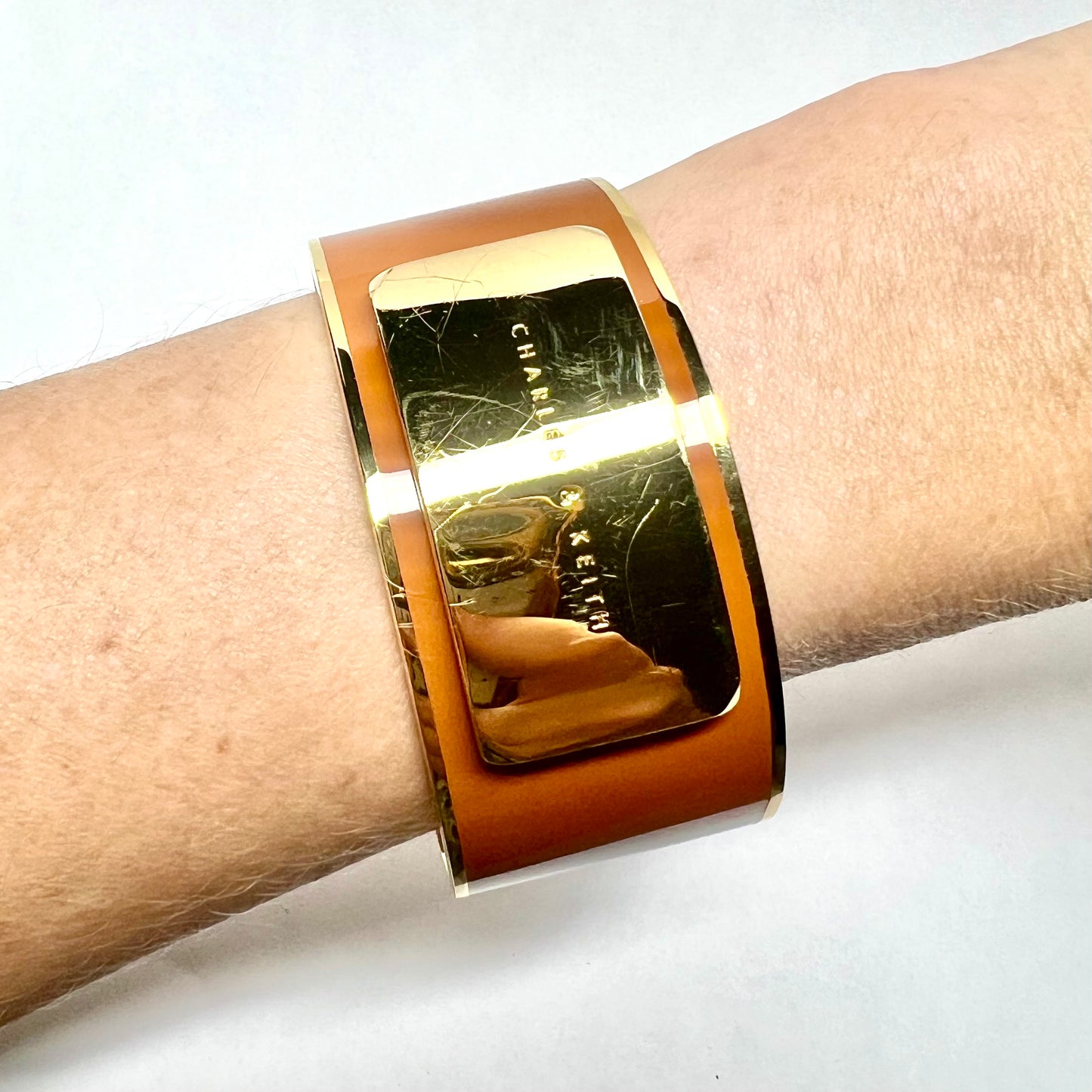 Charles & Keith Brass Gold Tone and Orange Enamel Cuff Statement Bracelet