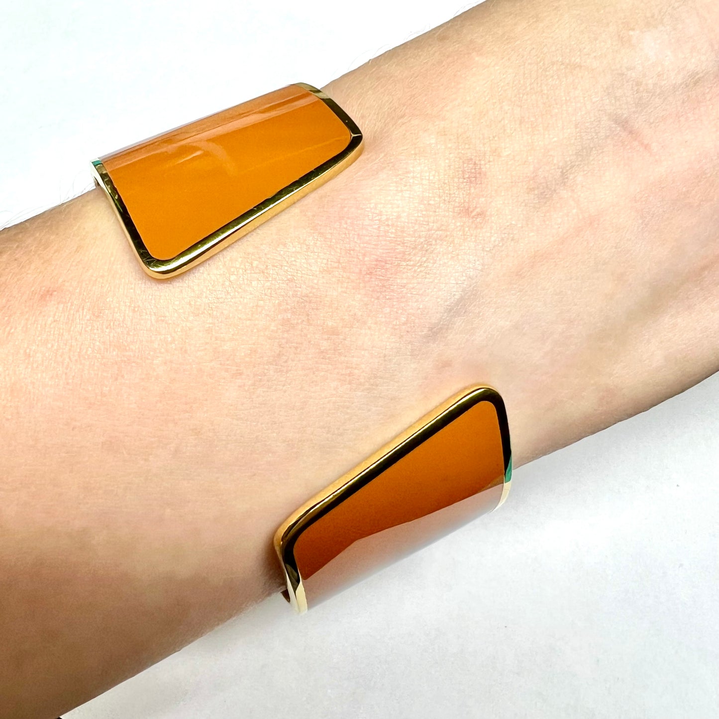 Charles & Keith Brass Gold Tone and Orange Enamel Cuff Statement Bracelet