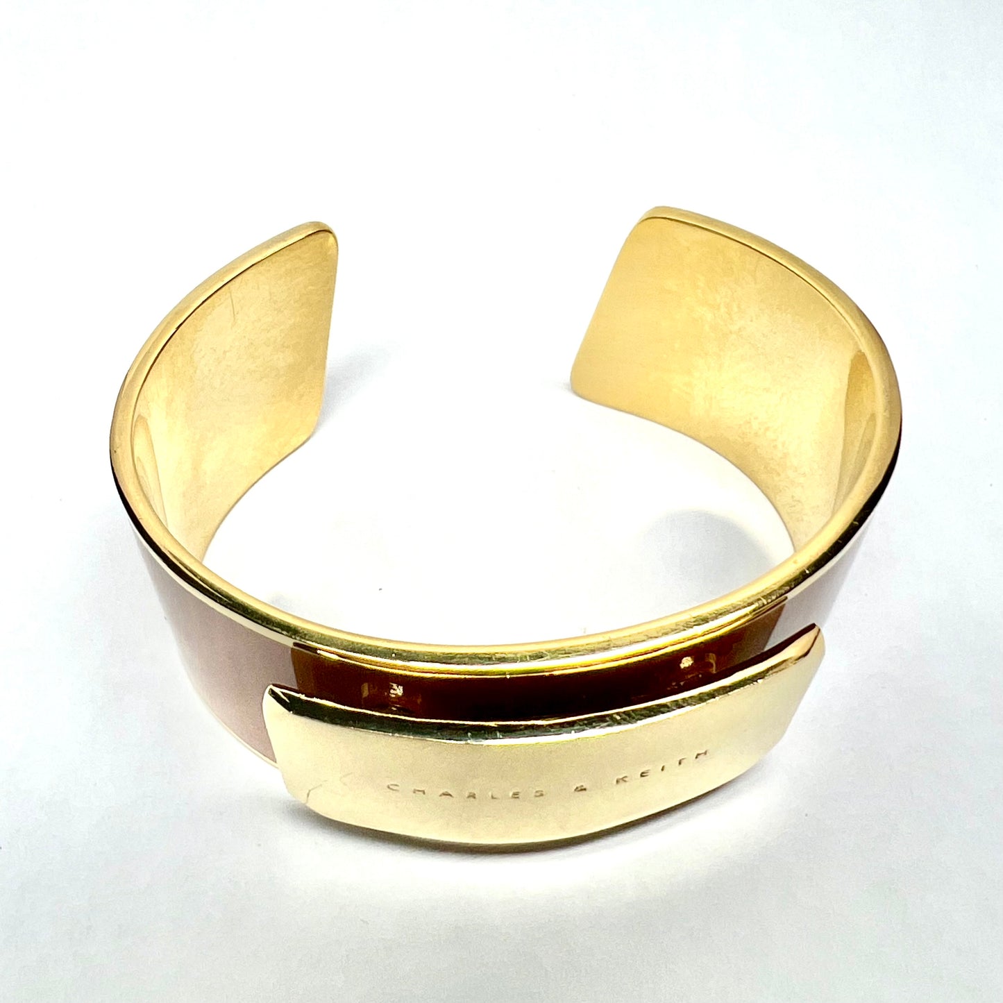 Charles & Keith Brass Gold Tone and Orange Enamel Cuff Statement Bracelet