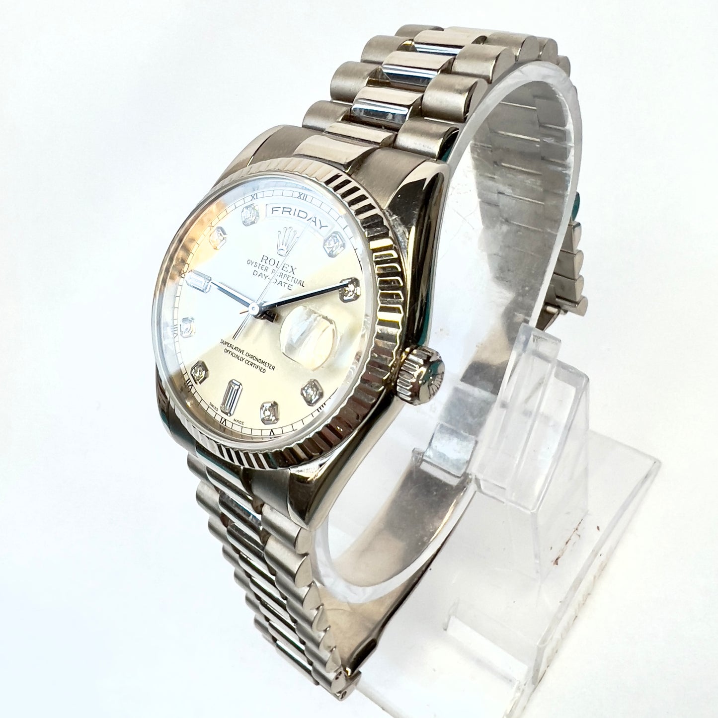 ROLEX OYSTER PERPETUAL DAY-DATE Automatic 36mm 18K WG Factory Diamond Dial Watch