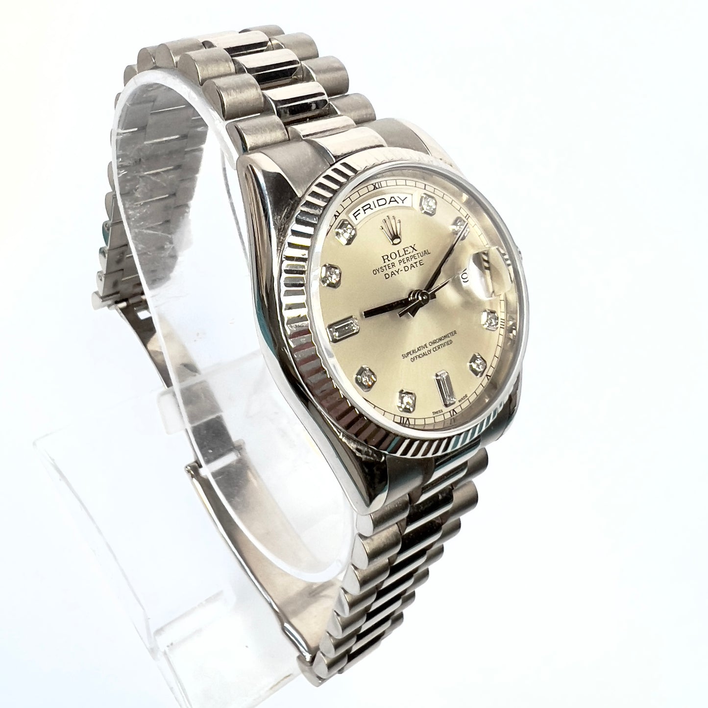 ROLEX OYSTER PERPETUAL DAY-DATE Automatic 36mm 18K WG Factory Diamond Dial Watch