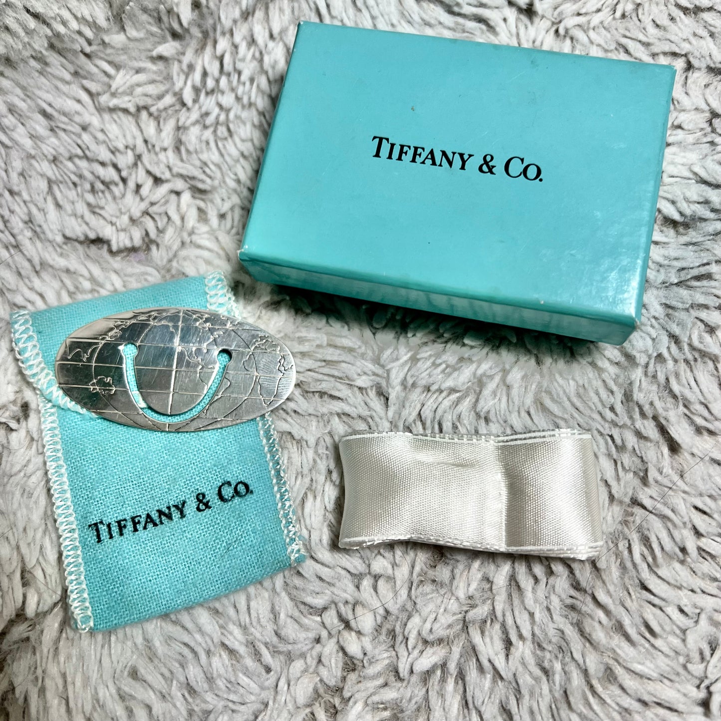 TIFFANY & CO. 925 Silver Book Page Holder in Pouch + Box + Shopping Bag + Ribbon