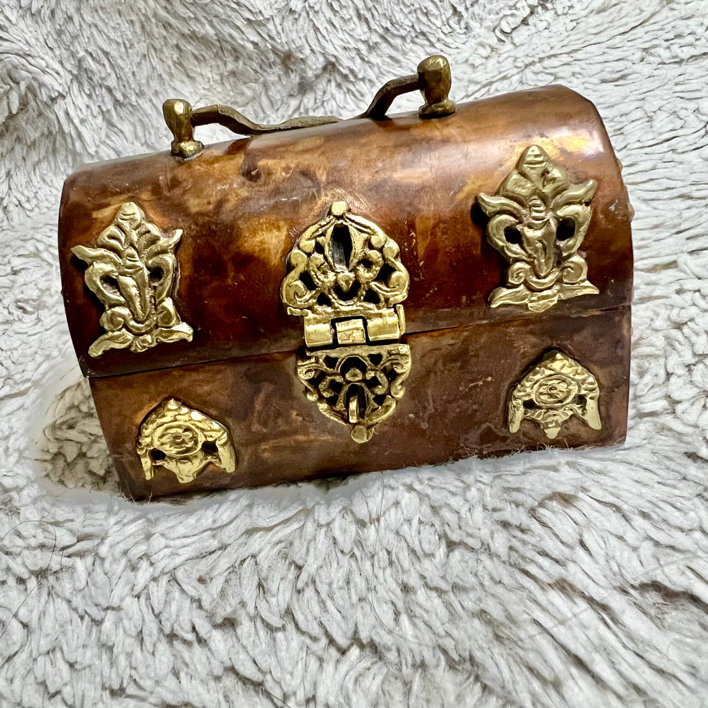 Antique Art Nouveau Cooper & Brass Trinity Box w/ Blue Velvet-Lined Interior