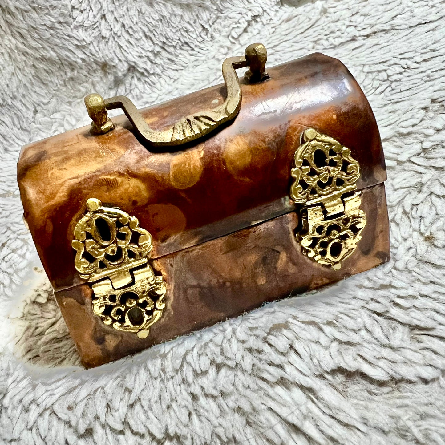 Antique Art Nouveau Cooper & Brass Trinity Box w/ Blue Velvet-Lined Interior