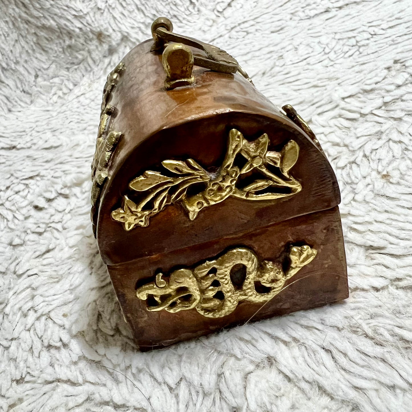 Antique Art Nouveau Cooper & Brass Trinity Box w/ Blue Velvet-Lined Interior