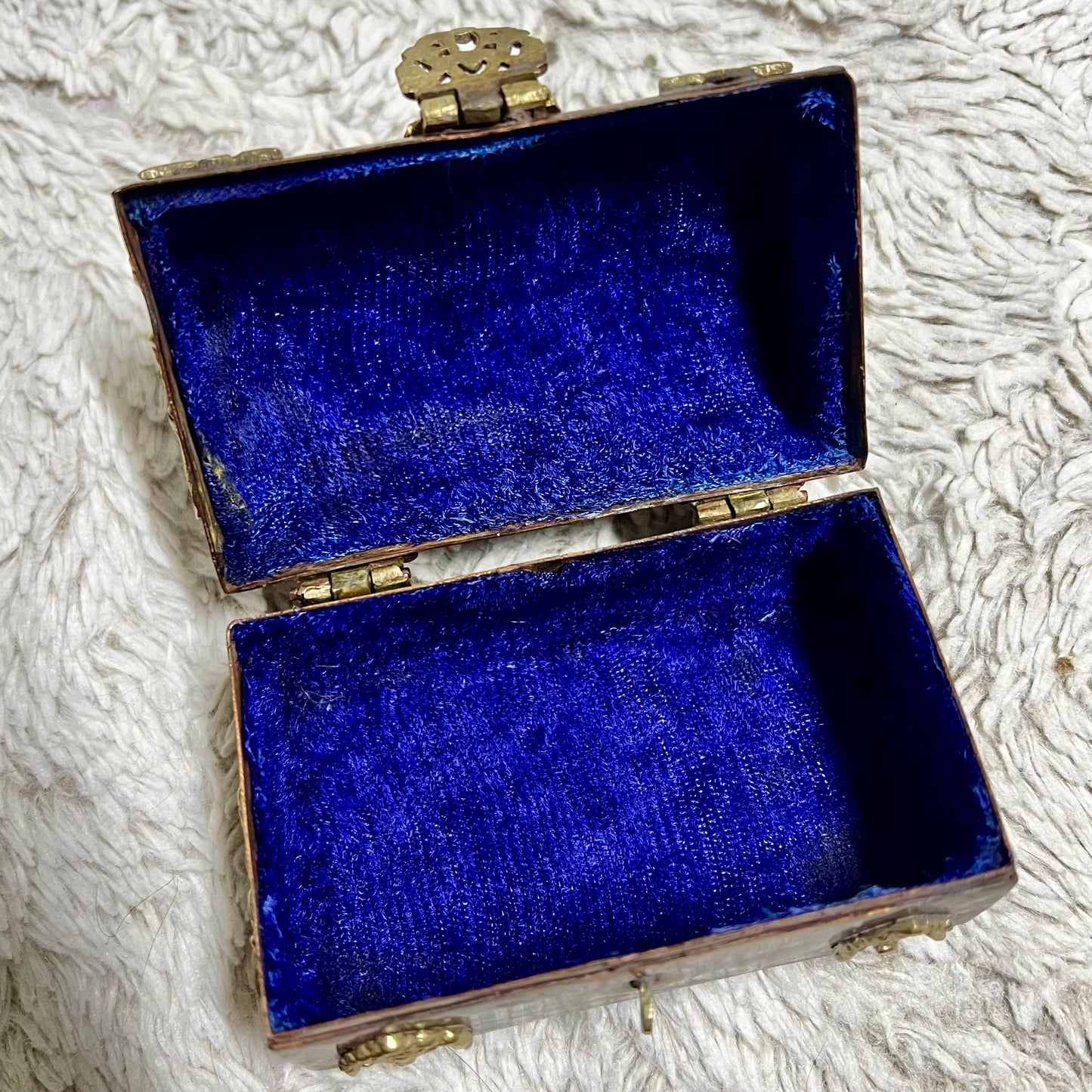 Antique Art Nouveau Cooper & Brass Trinity Box w/ Blue Velvet-Lined Interior