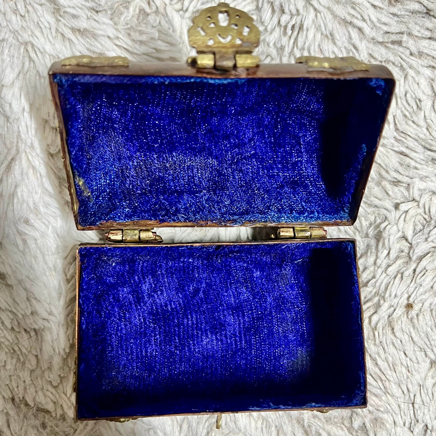 Antique Art Nouveau Cooper & Brass Trinity Box w/ Blue Velvet-Lined Interior