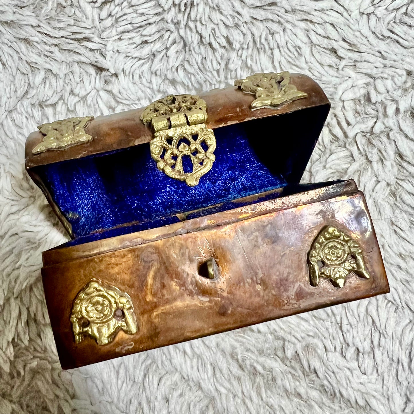 Antique Art Nouveau Cooper & Brass Trinity Box w/ Blue Velvet-Lined Interior