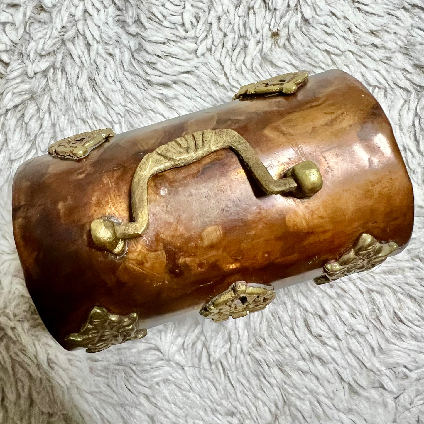 Antique Art Nouveau Cooper & Brass Trinity Box w/ Blue Velvet-Lined Interior