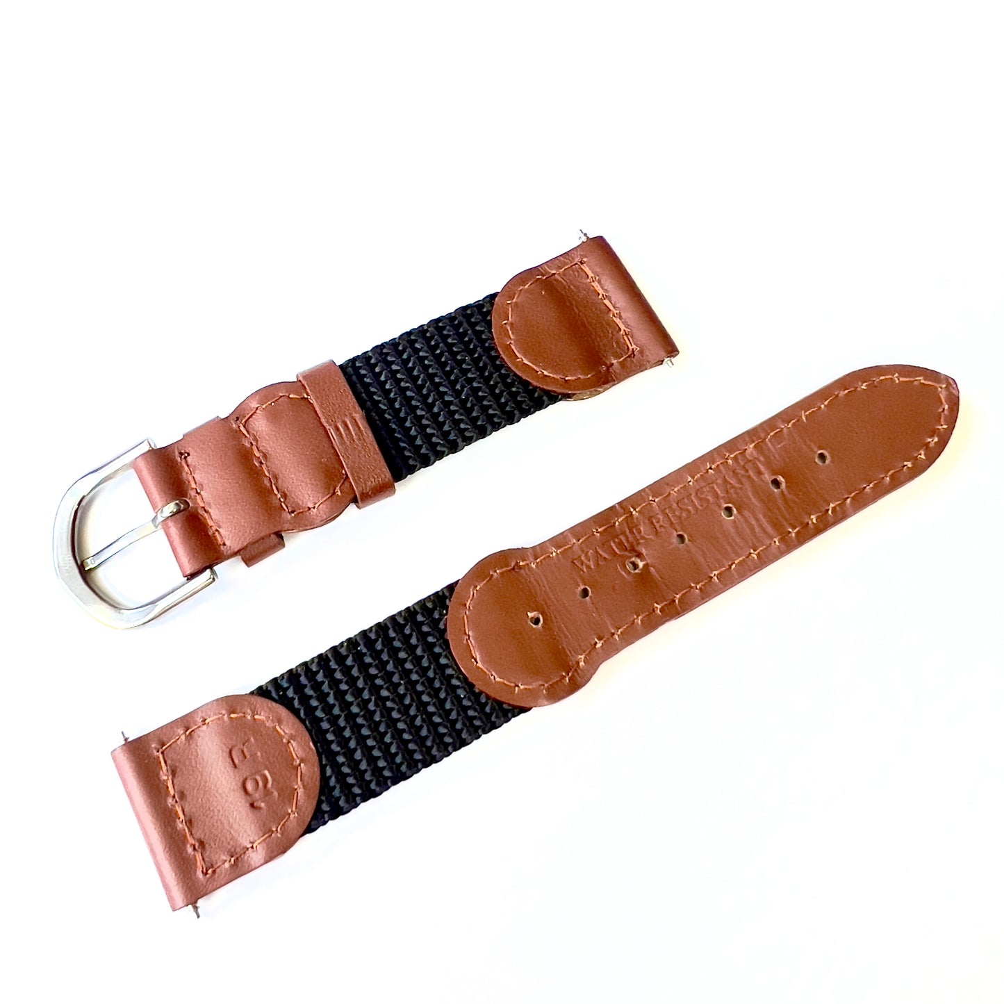 19/16mm R Brown Leather/Black Fabric Strap Band with Silver Tone Buckle & Pins
