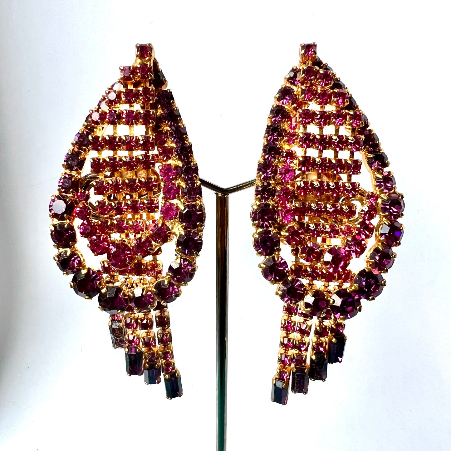 Vintage from 1950’s Gold Tone Pink and Purple Rhinestones Chandelier Clip On Earrings