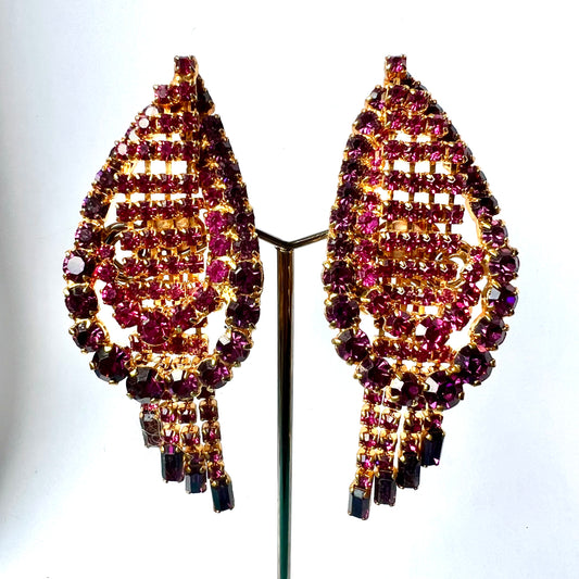 Vintage from 1950’s Gold Tone Pink and Purple Rhinestones Chandelier Clip On Earrings