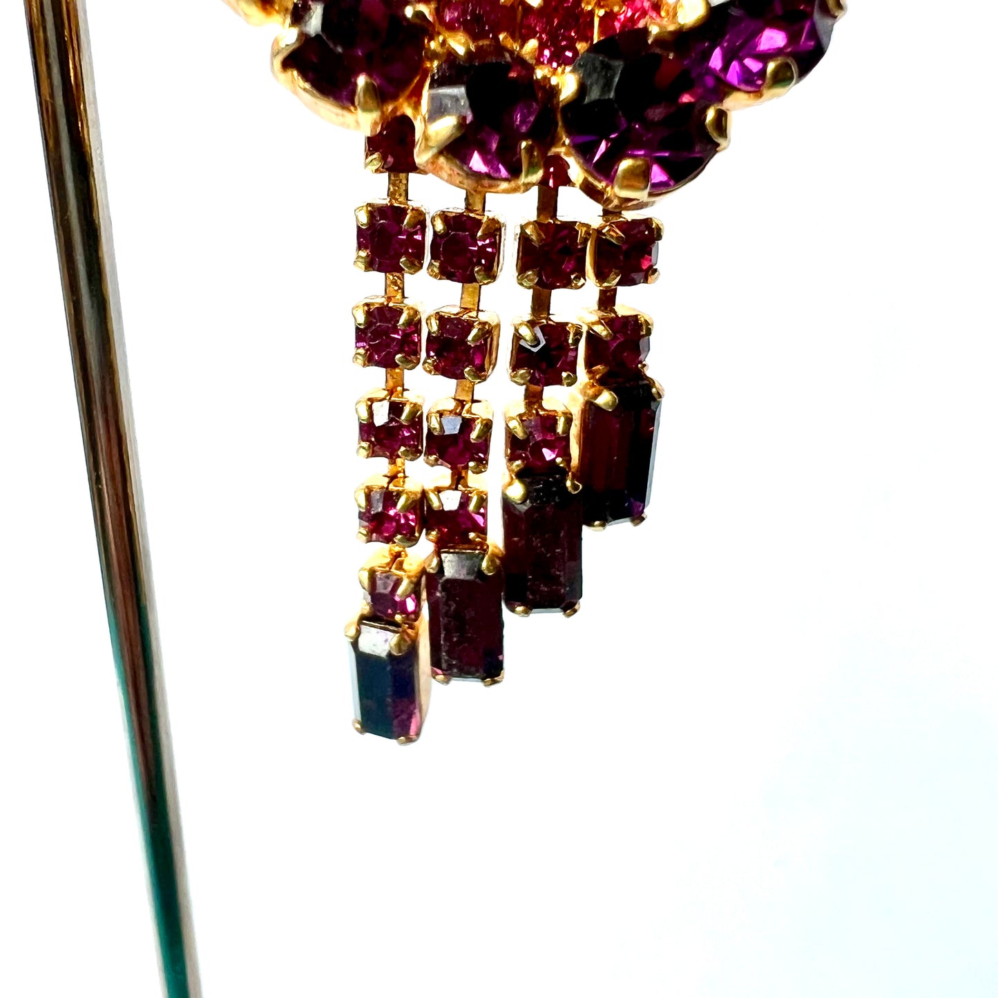 Vintage from 1950’s Gold Tone Pink and Purple Rhinestones Chandelier Clip On Earrings